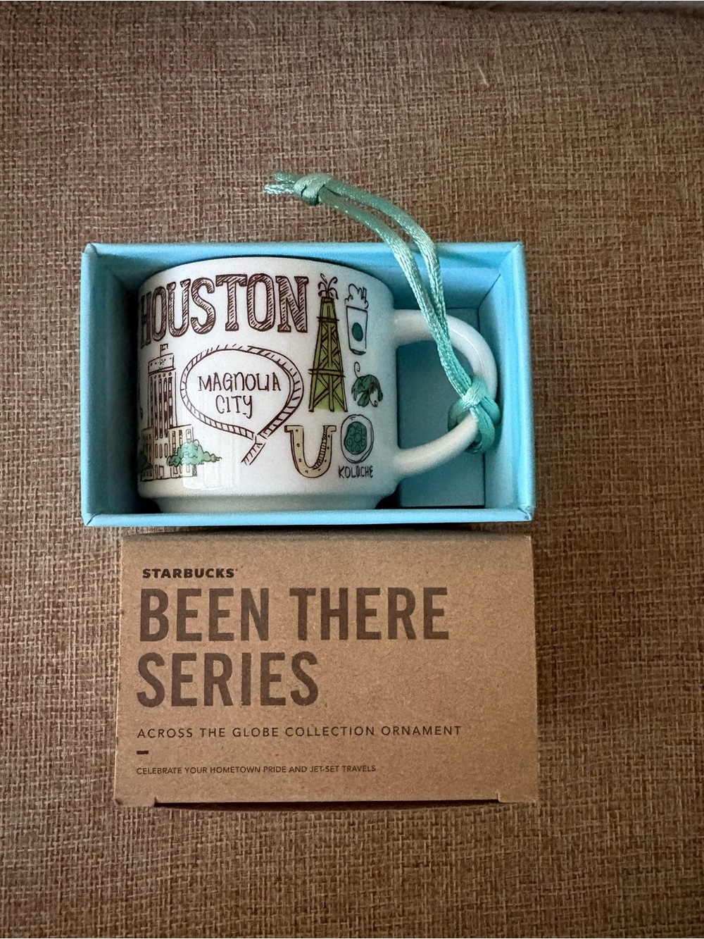 Starbucks Houston Magnolia City Ornament Mug - White and Teal Ribbon